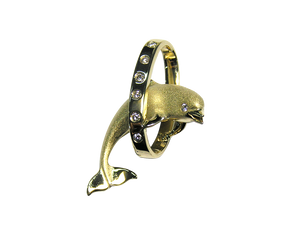 14K Yellow Gold 28mm "Jumping Loop" Dolphin Pendant with 8 diamonds
