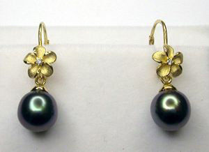 Tahitian Pearl and Plumeria Flower Earrings