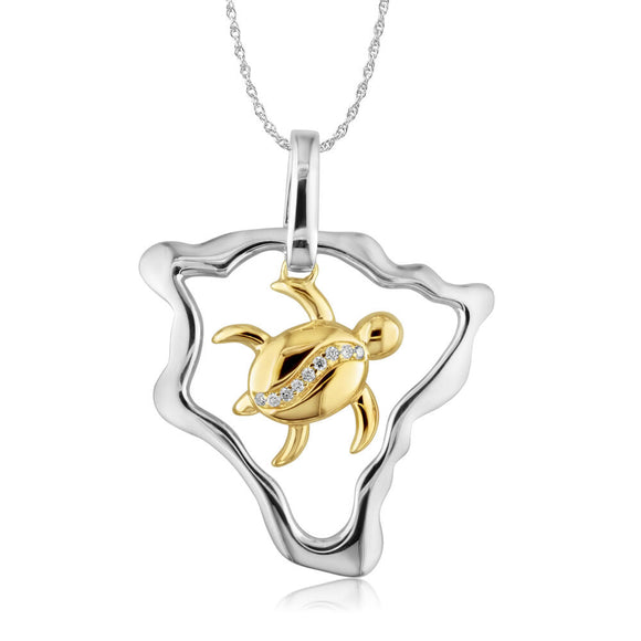 Sterling Silver and 14K Yellow Gold Big Island Honu Pendant.